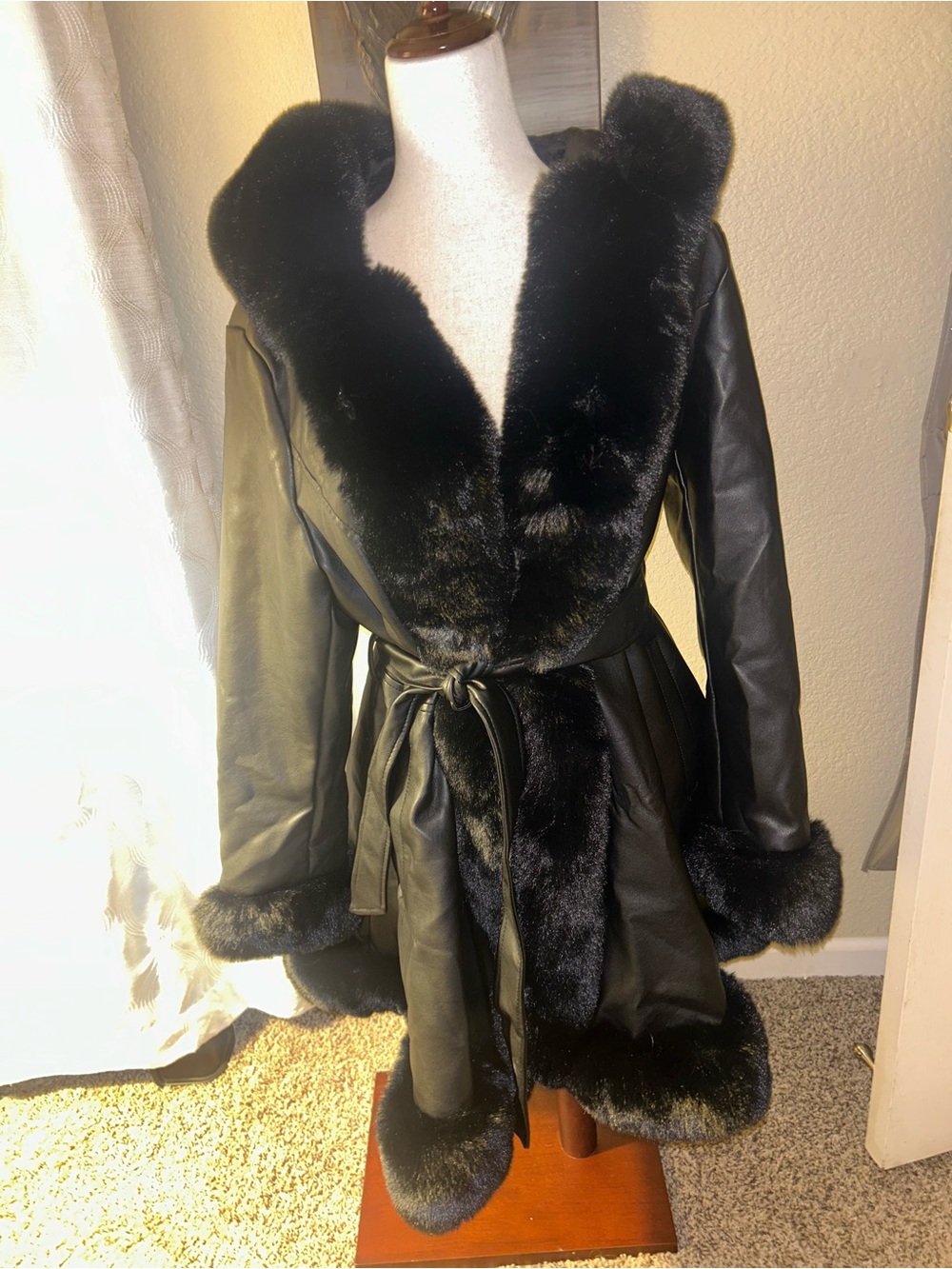 Women's Black Faux Fur Trim Leather Coat